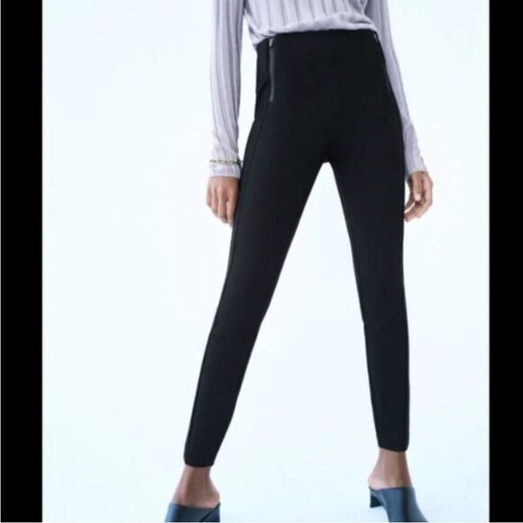 ZARA STRETCH BLACK ZIPPERED MID-RISE LEGGING PANT TROUSERS Sizes XS, 24” - Picture 1 of 12